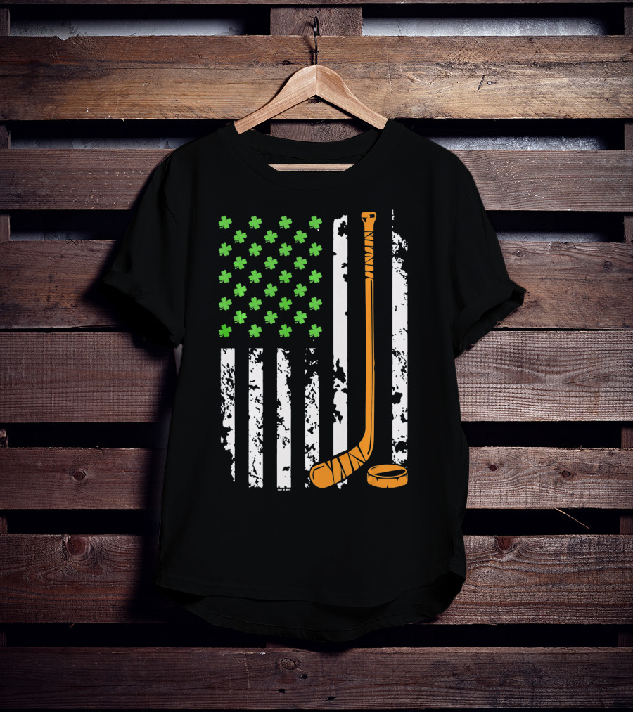 Irish American Hockey Sticks And Shamrocks Flag T-Shirt