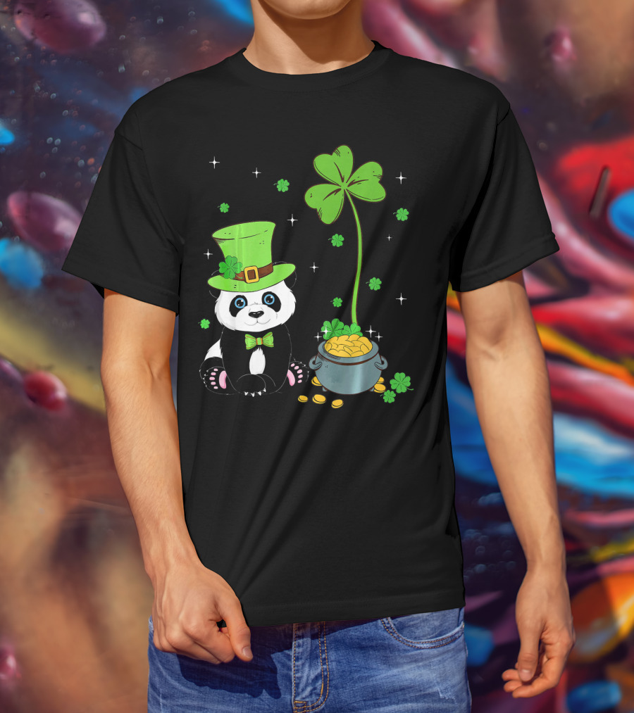 Shamrock Leprechaun Panda St Patricks Pot Of Gold T-Shirt