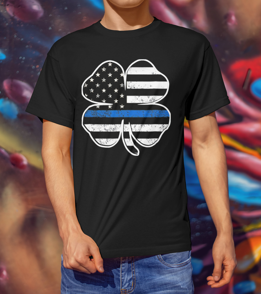 Police Flag Thin Blue Line Shamrock T-Shirt