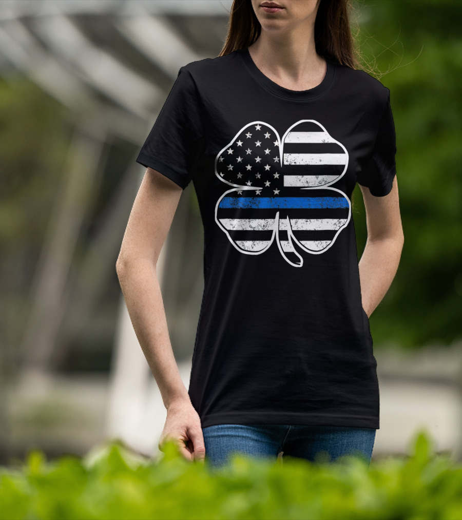 Police Flag Thin Blue Line Shamrock T-Shirt