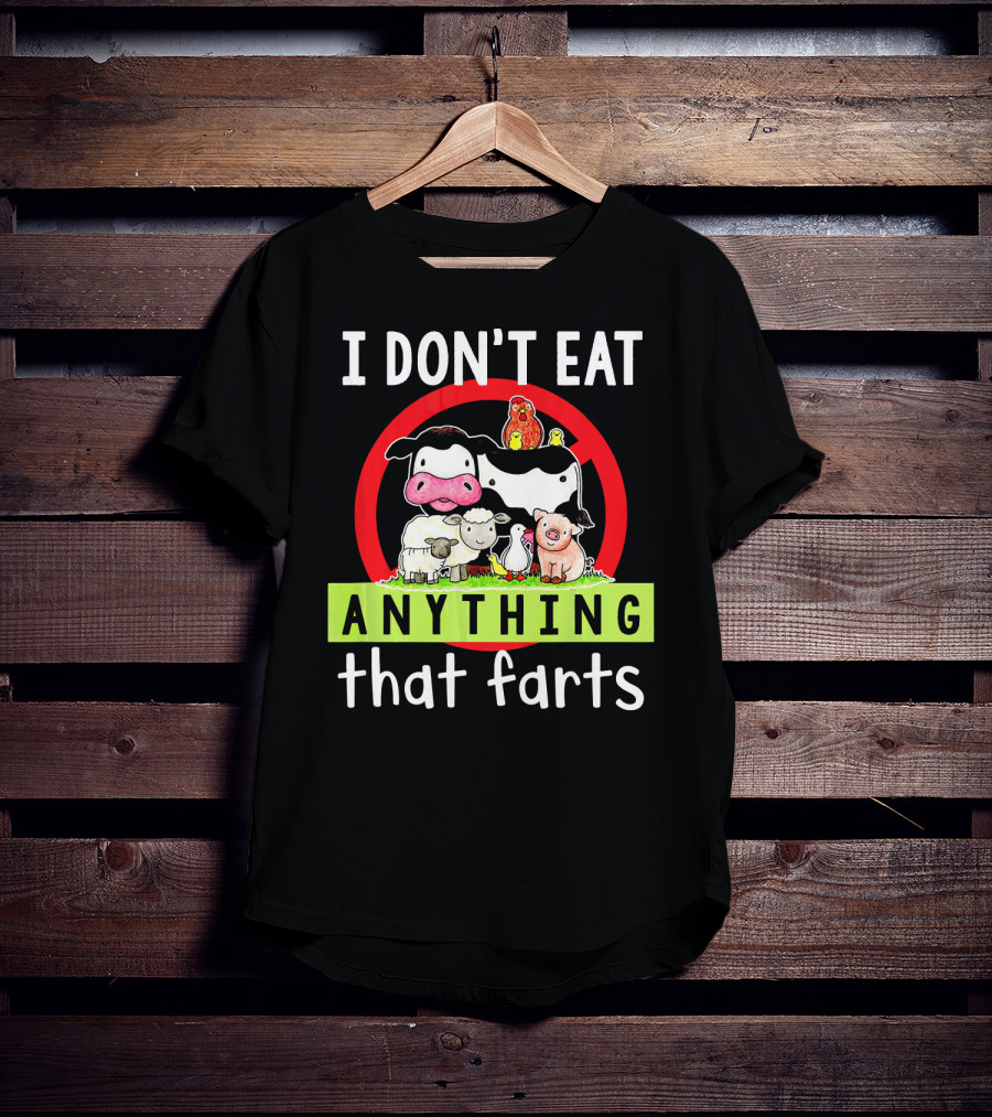 I Don't Eat Anything That Farts Vegetaria Cow Sheep Pig Chicken Cartoon T-Shirt