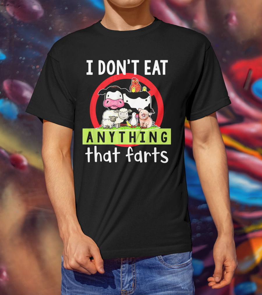 I Don't Eat Anything That Farts Vegetaria Cow Sheep Pig Chicken Cartoon T-Shirt