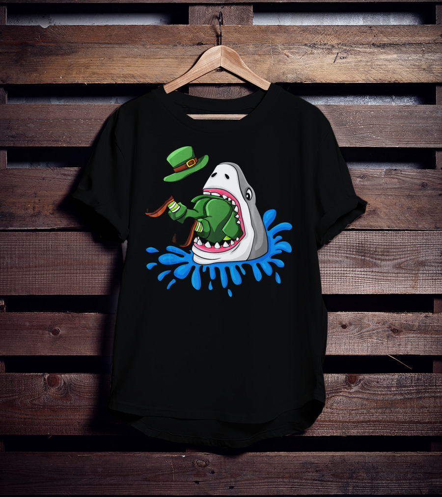 Shark Swallowing Green Leprechaun Hat Splashing Water T-Shirt