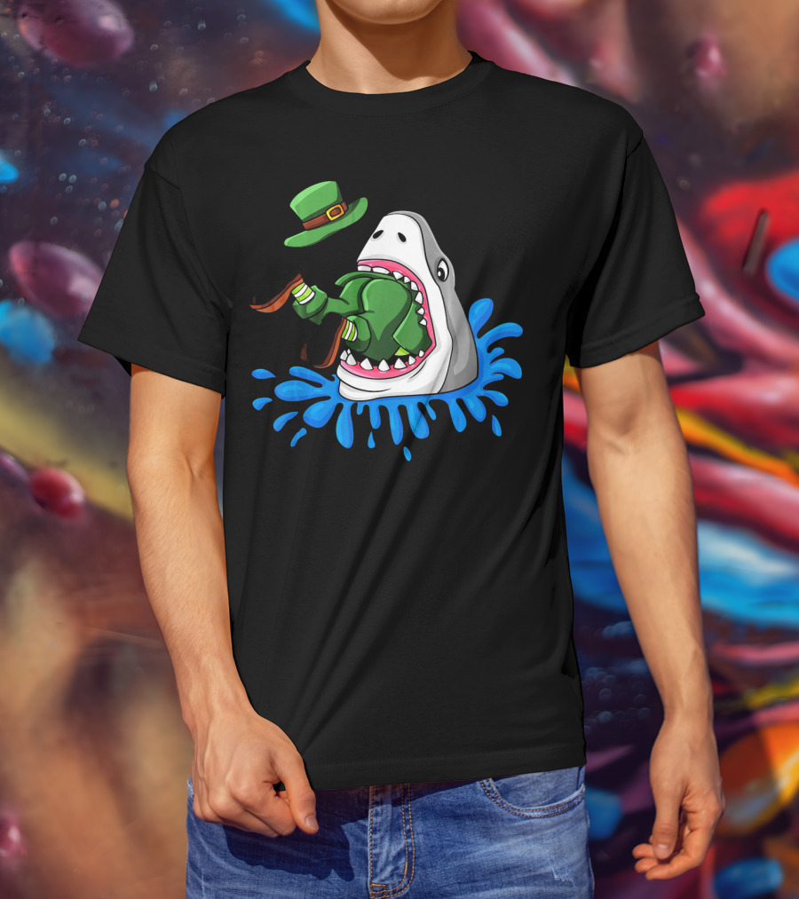 Shark Swallowing Green Leprechaun Hat Splashing Water T-Shirt