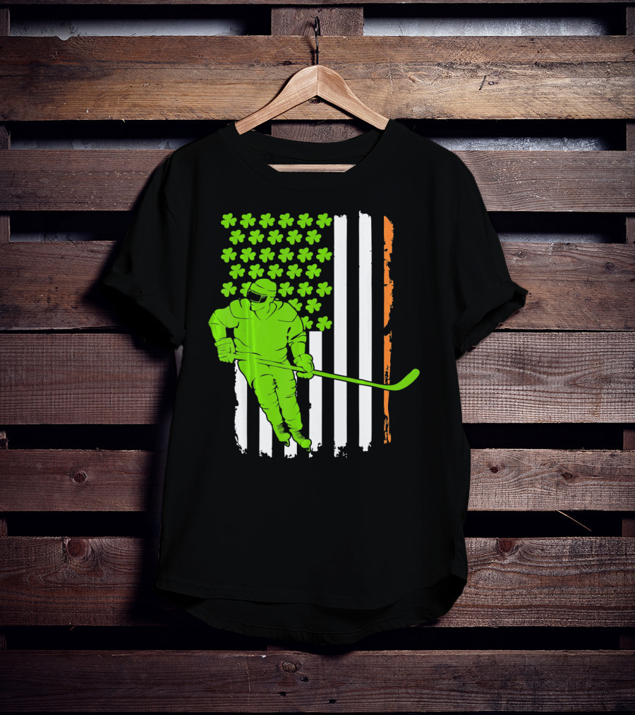 Irish American Flag St Pat Hockey Player Shamrock Stars T-Shirt