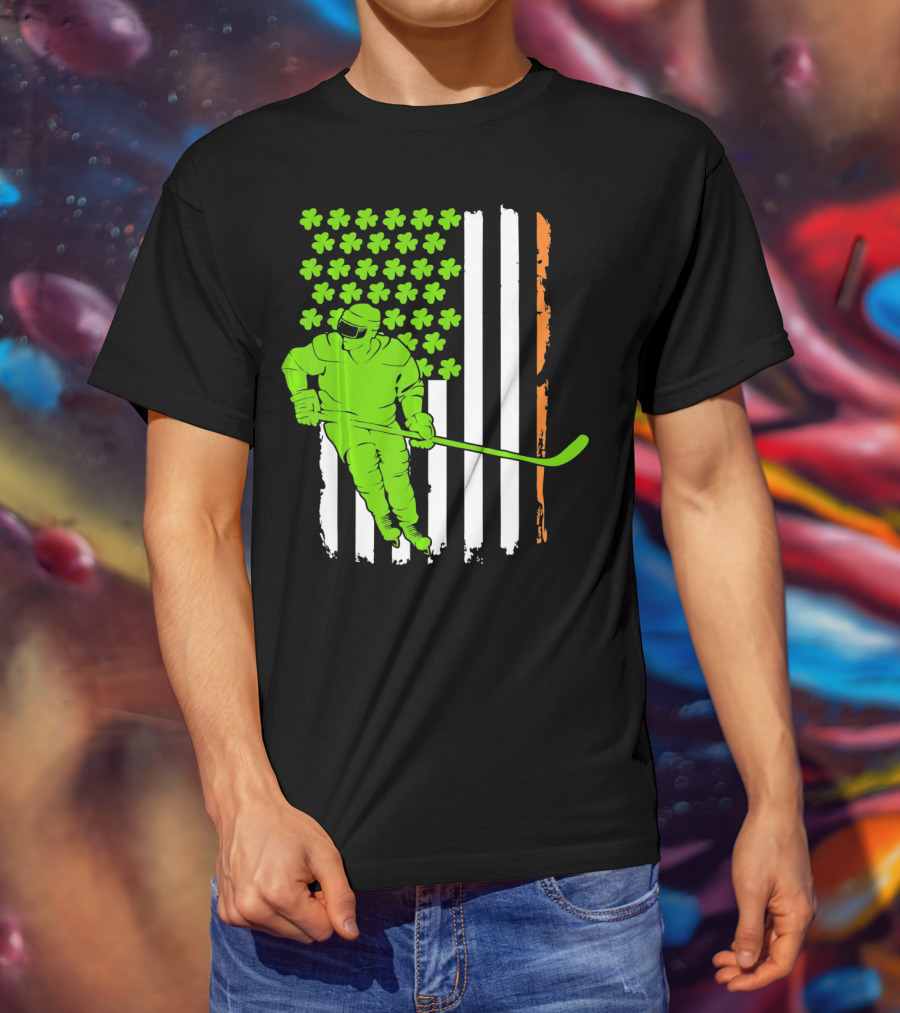Irish American Flag St Pat Hockey Player Shamrock Stars T-Shirt