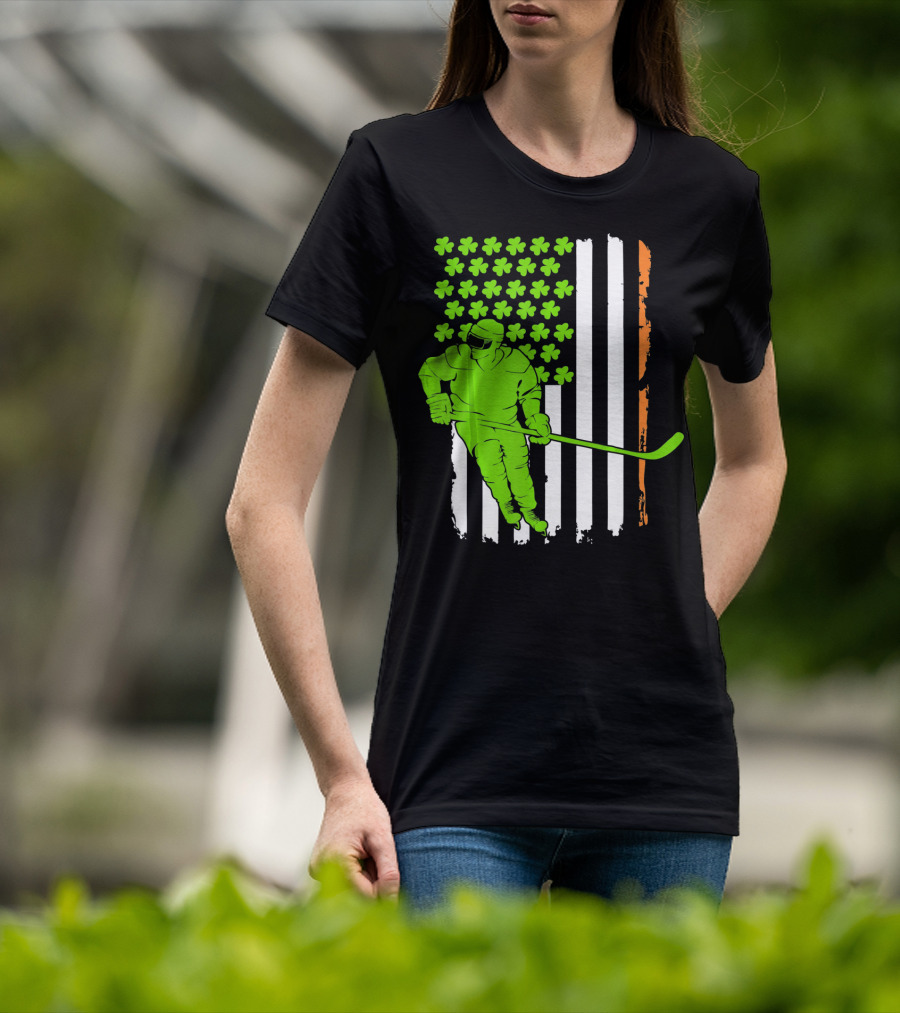 Irish American Flag St Pat Hockey Player Shamrock Stars T-Shirt