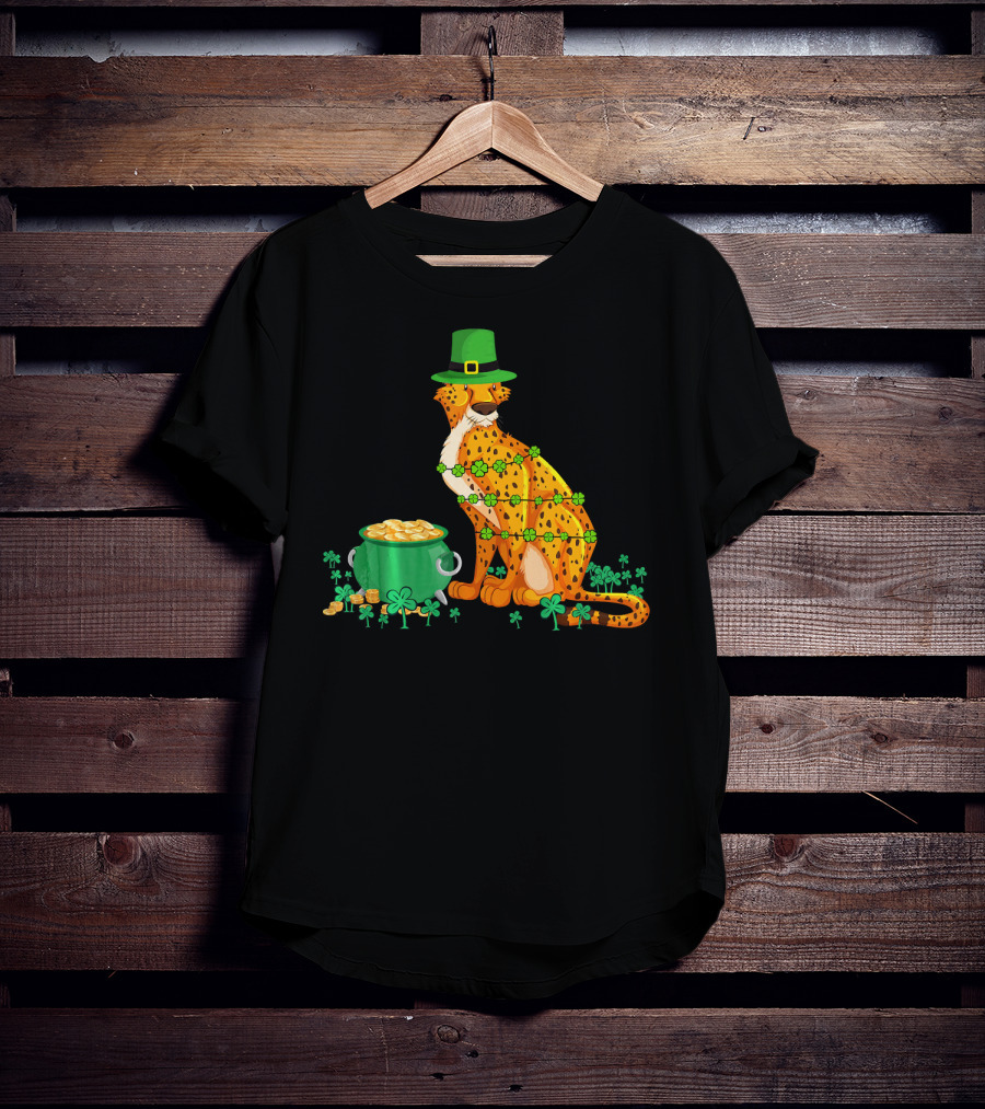 Leprechaun Cheetah Covered In Shamrocks With Pot Of Gold T-Shirt