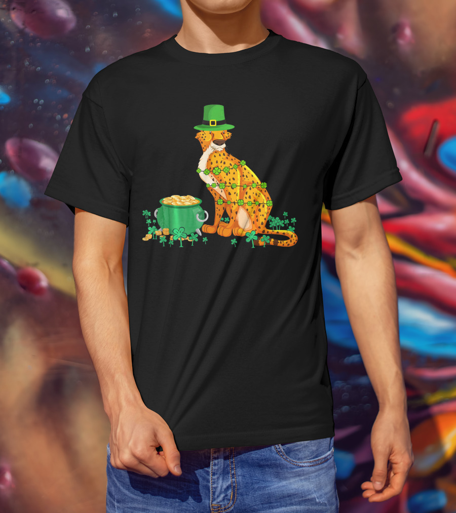 Leprechaun Cheetah Covered In Shamrocks With Pot Of Gold T-Shirt