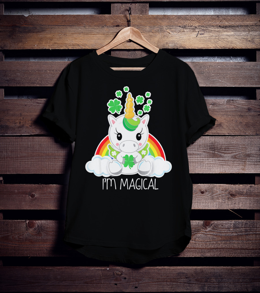 Girls Cute Unicorn I'm Magical Rainbow Clover T-Shirt