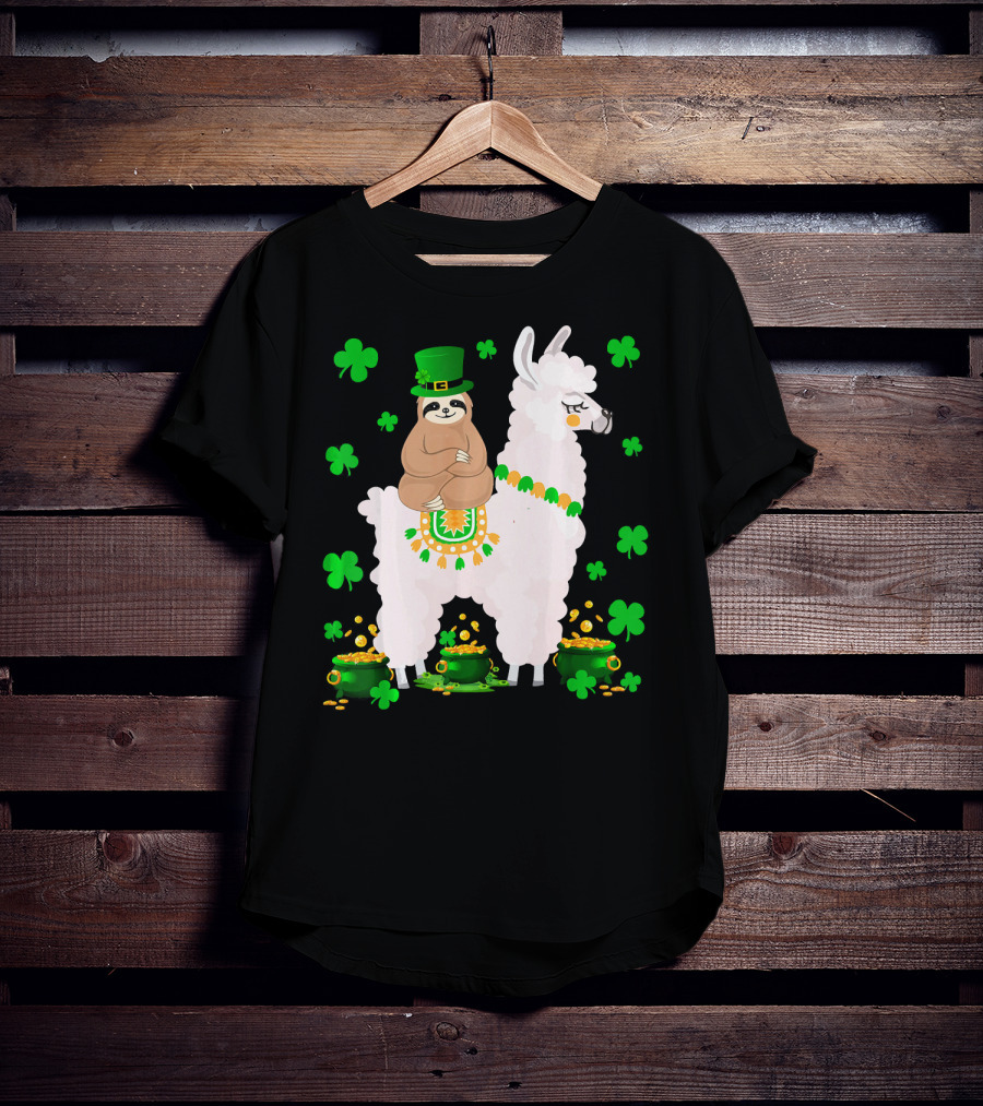 Leprechaun Sloth Riding Llama Surrounded By Shamrocks And Gold Coins St. Patric T-Shirt