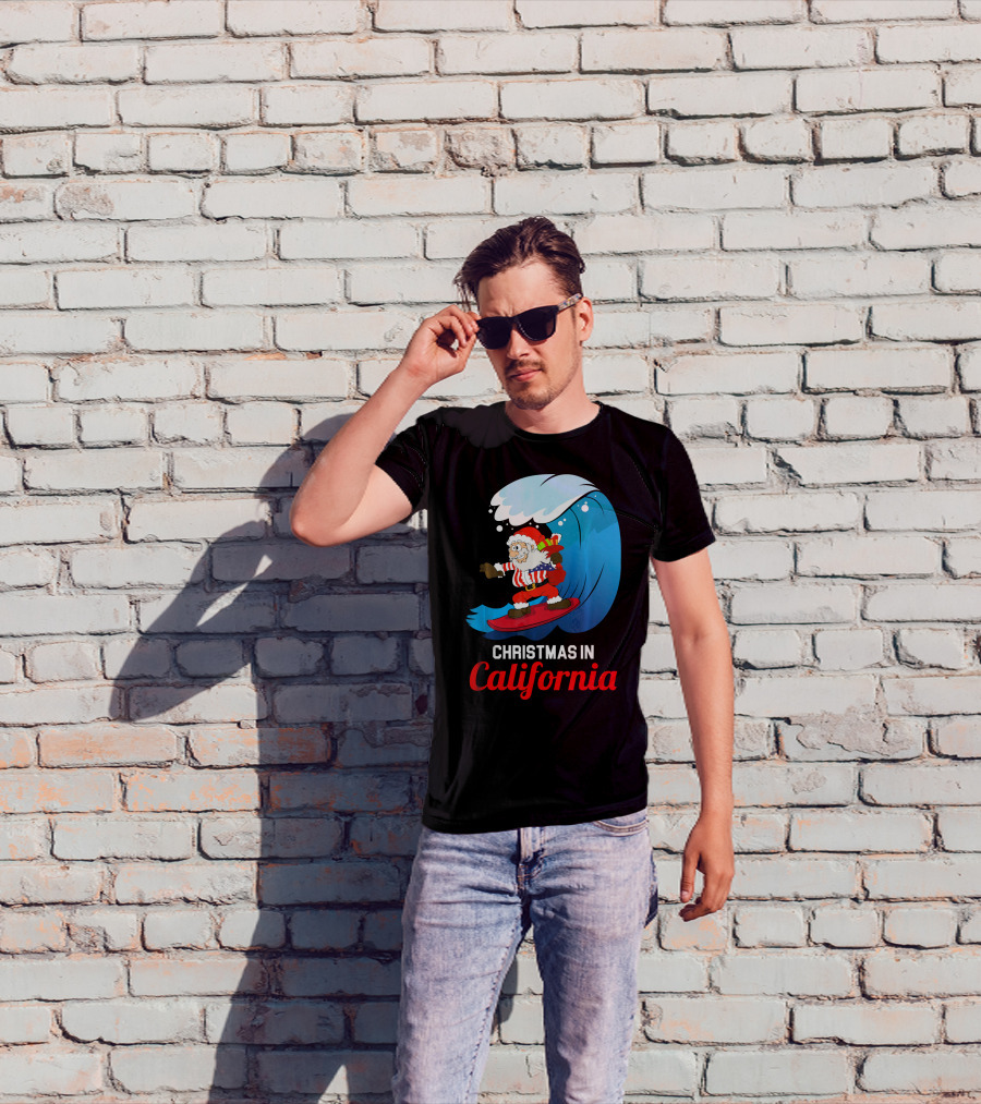 Santa Surfing Christmas In California T-Shirt