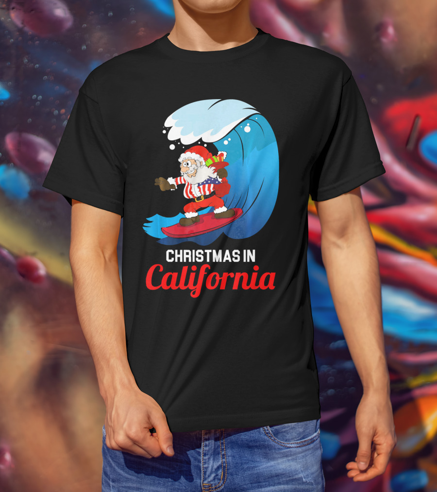Santa Surfing Christmas In California T-Shirt