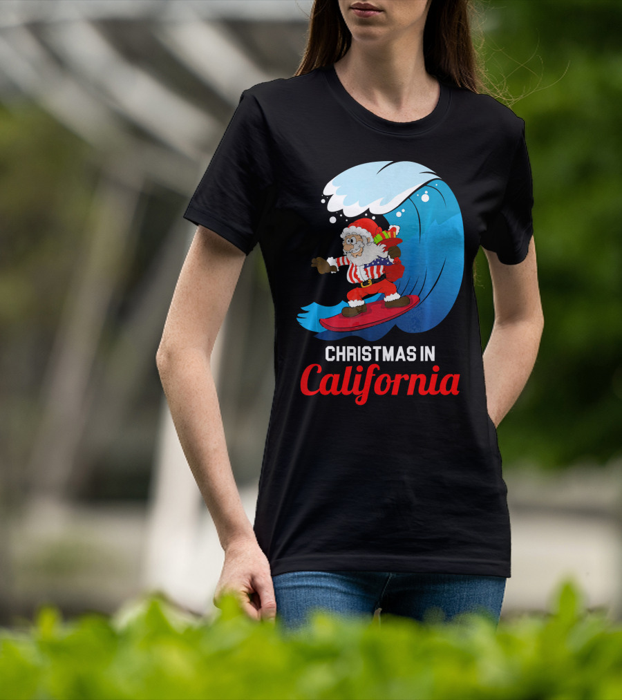 Santa Surfing Christmas In California T-Shirt