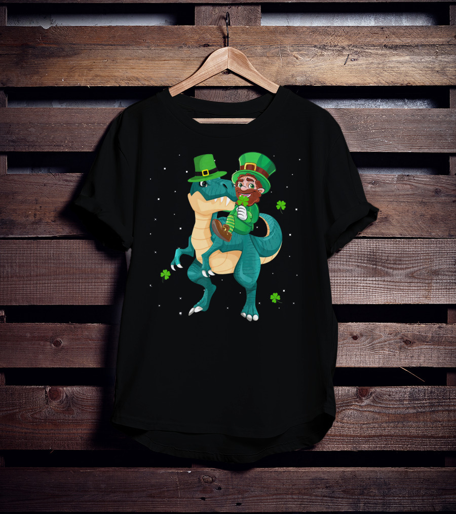 Leprechaun Riding Rex Dinosaur With Shamrocks And Stars T-Shirt