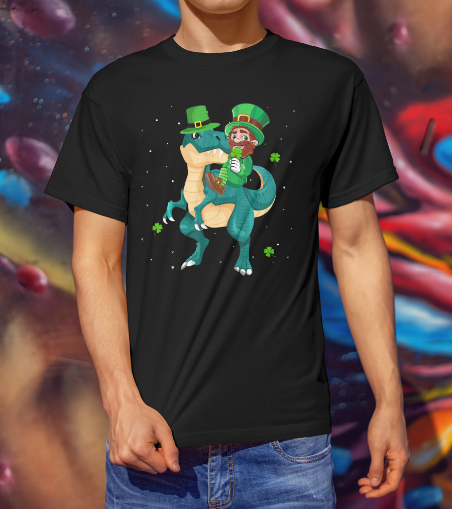 Leprechaun Riding Rex Dinosaur With Shamrocks And Stars T-Shirt