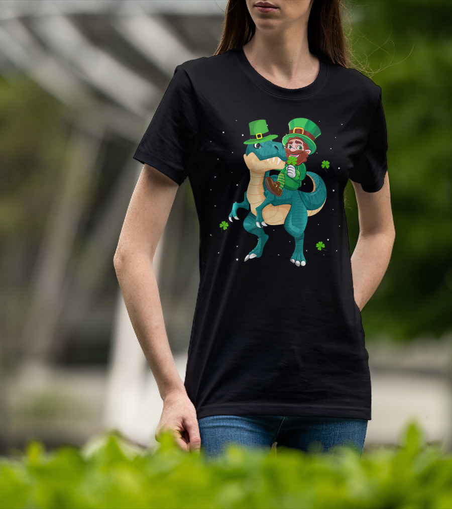 Leprechaun Riding Rex Dinosaur With Shamrocks And Stars T-Shirt