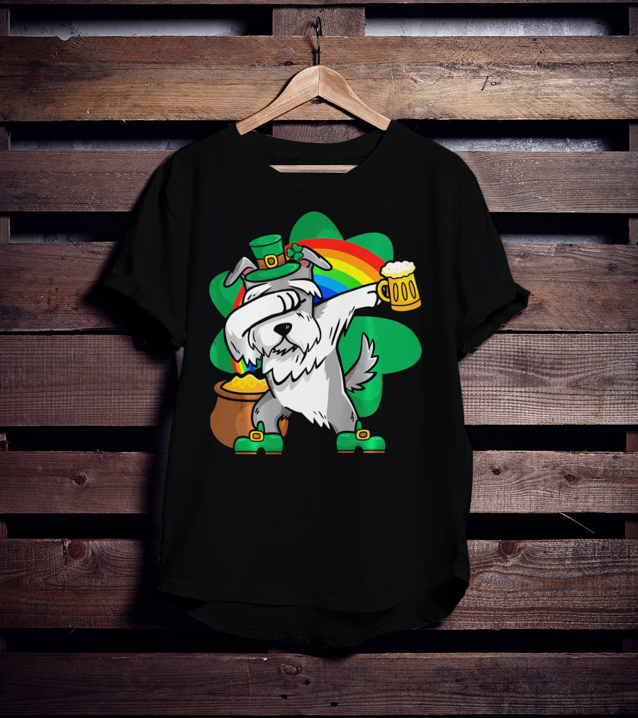 Funny Dabbing Schnauzer Leprechaun With Beer And Rainbow T-Shirt