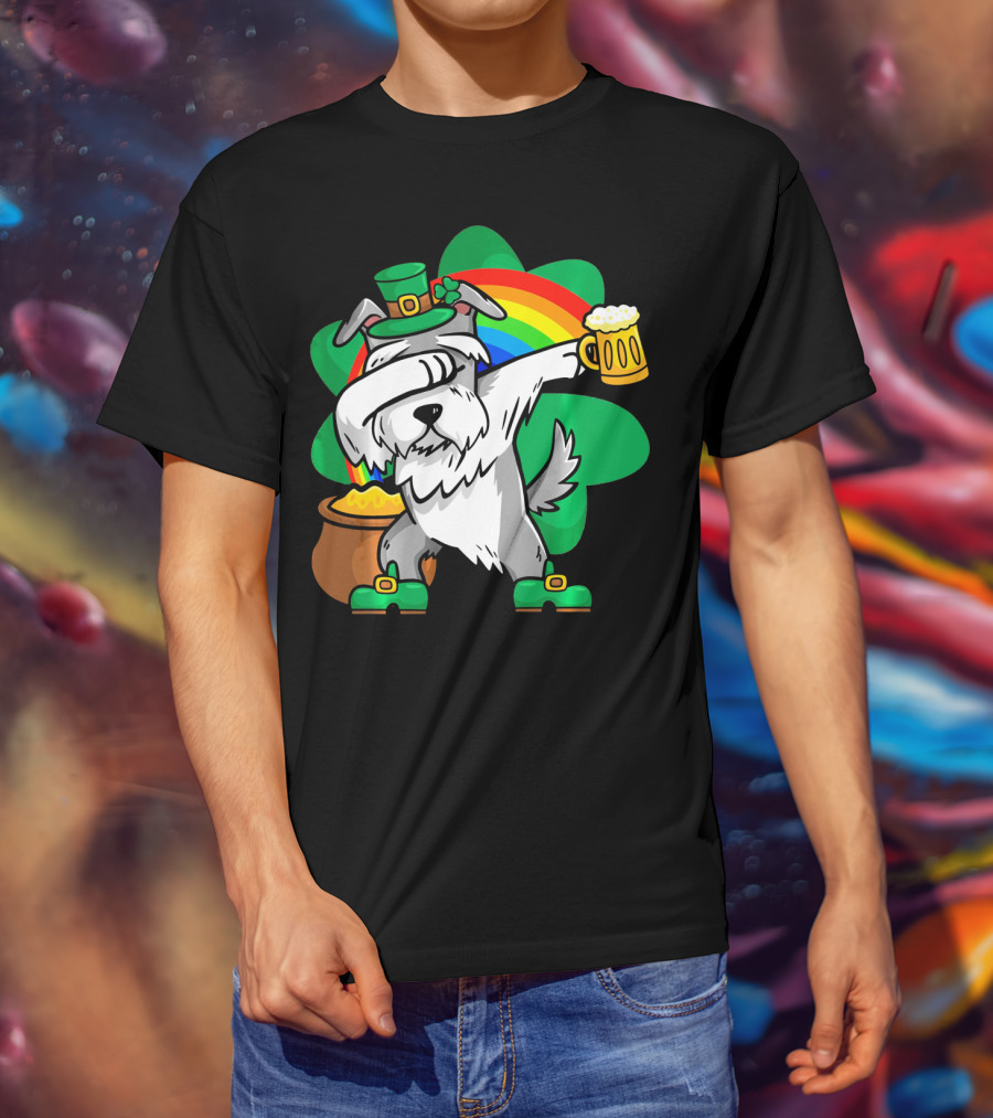 Funny Dabbing Schnauzer Leprechaun With Beer And Rainbow T-Shirt