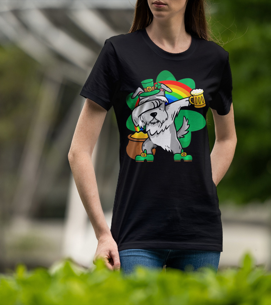 Funny Dabbing Schnauzer Leprechaun With Beer And Rainbow T-Shirt