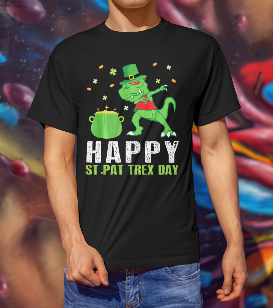 Happy St. Pat T-Rex Day Dinosaur Leprechaun Dabbing Pot Gold T-Shirt