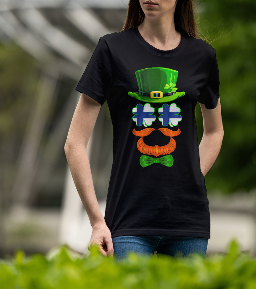 Finland Flag Shamrock Leprechaun Finnish Hat Mustache Bow Tie T-Shirt