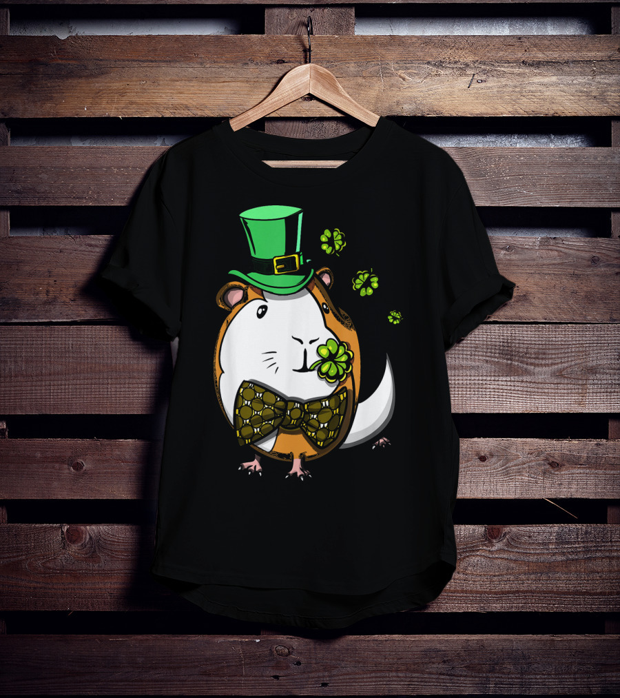 Leprechaun Guinea Pig St Patricks Irish Clover Bow Tie Green Hat T-Shirt