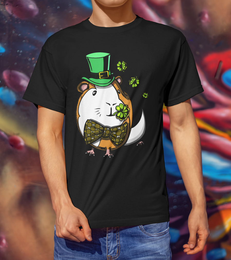 Leprechaun Guinea Pig St Patricks Irish Clover Bow Tie Green Hat T-Shirt