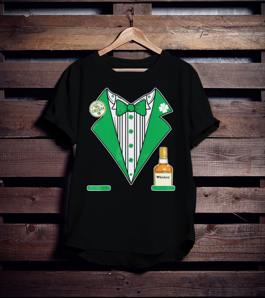 Kiss Me I'm Irish St. Patrick's Day Tuxedo With Whiskey Bottle And Shamrock T-Shirt