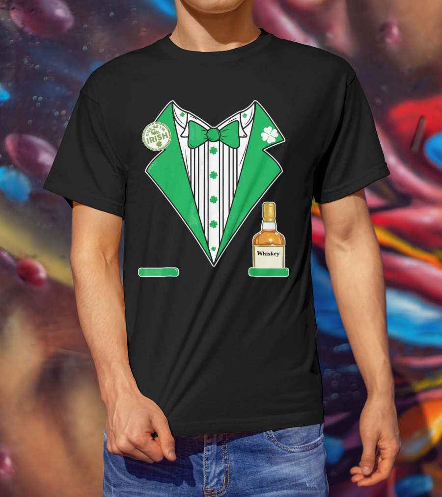 Kiss Me I'm Irish St. Patrick's Day Tuxedo With Whiskey Bottle And Shamrock T-Shirt