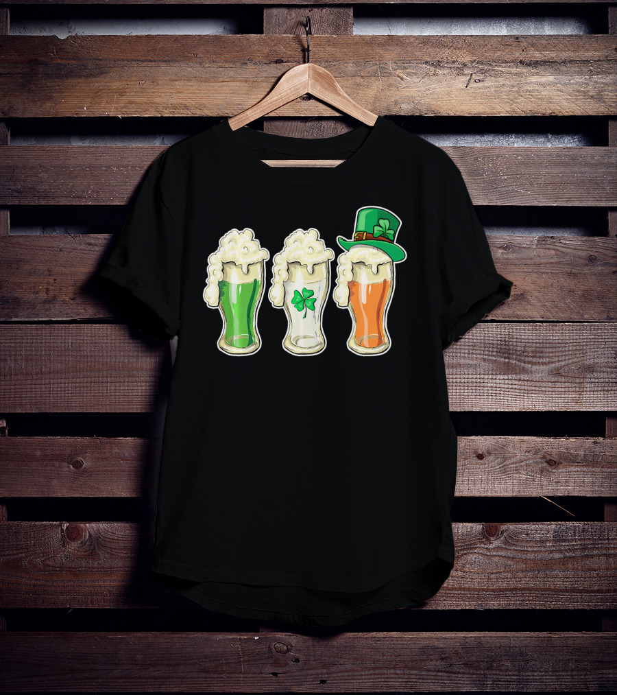 Irish Flag Beer Glasses With Shamrock And Leprechaun Hat T-Shirt