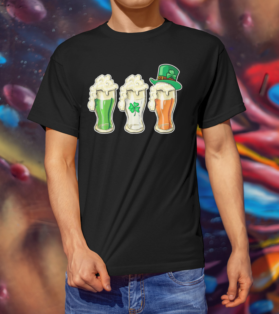 Irish Flag Beer Glasses With Shamrock And Leprechaun Hat T-Shirt