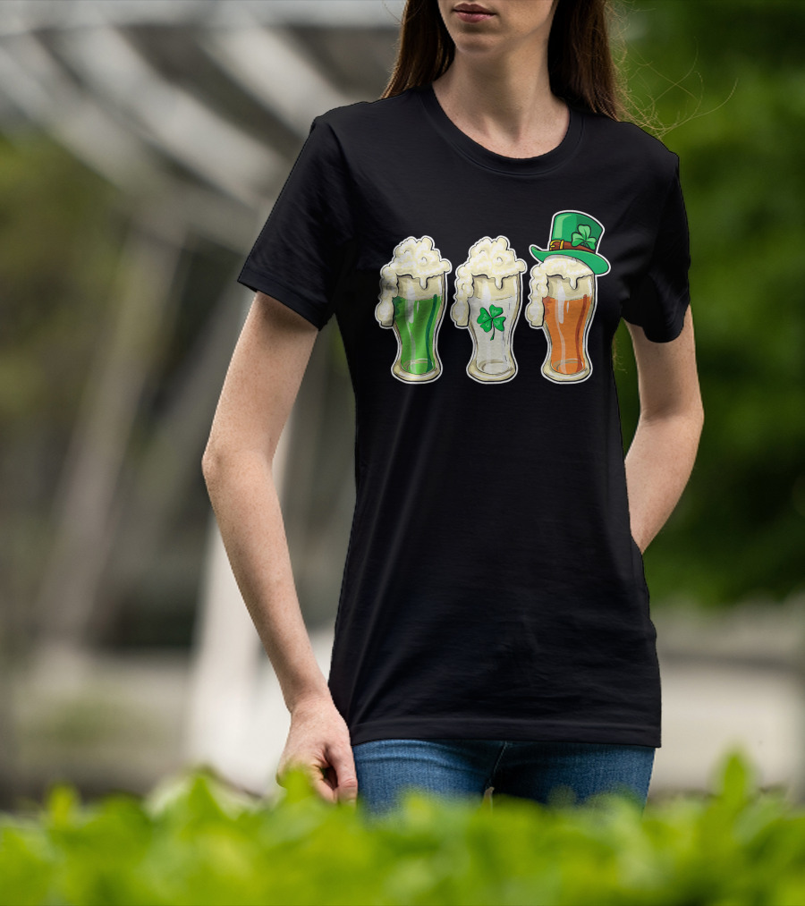 Irish Flag Beer Glasses With Shamrock And Leprechaun Hat T-Shirt