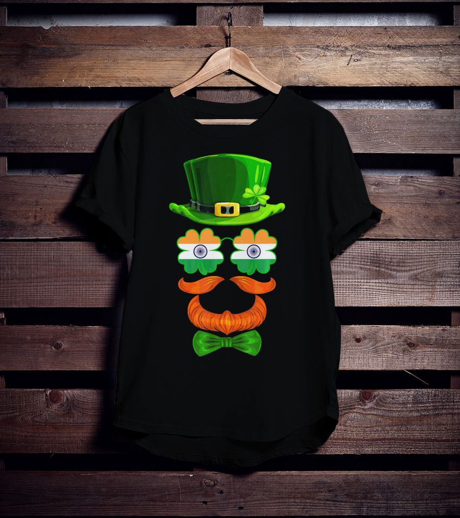 India Flag Shamrock Leprechaun Green Hat Orange Mustache Bow Tie T-Shirt