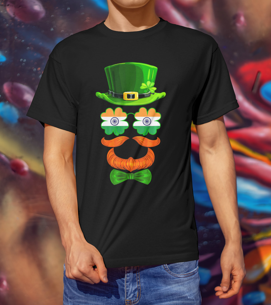 India Flag Shamrock Leprechaun Green Hat Orange Mustache Bow Tie T-Shirt