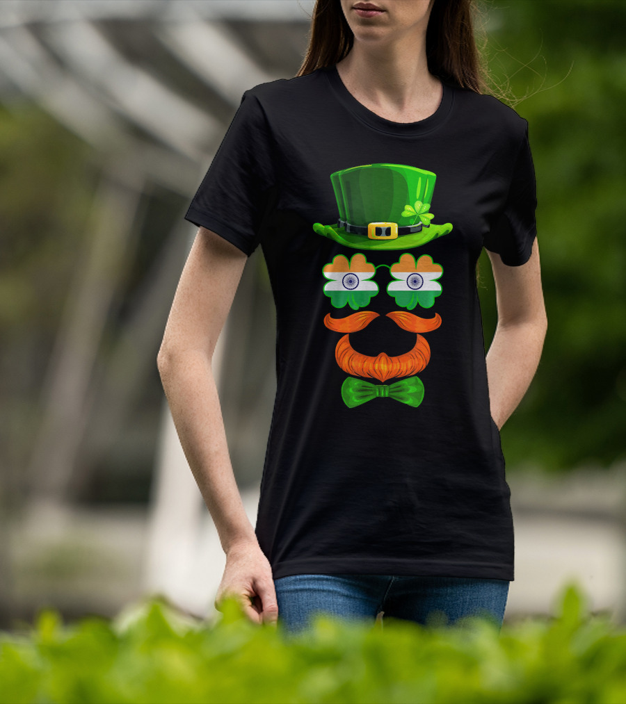 India Flag Shamrock Leprechaun Green Hat Orange Mustache Bow Tie T-Shirt
