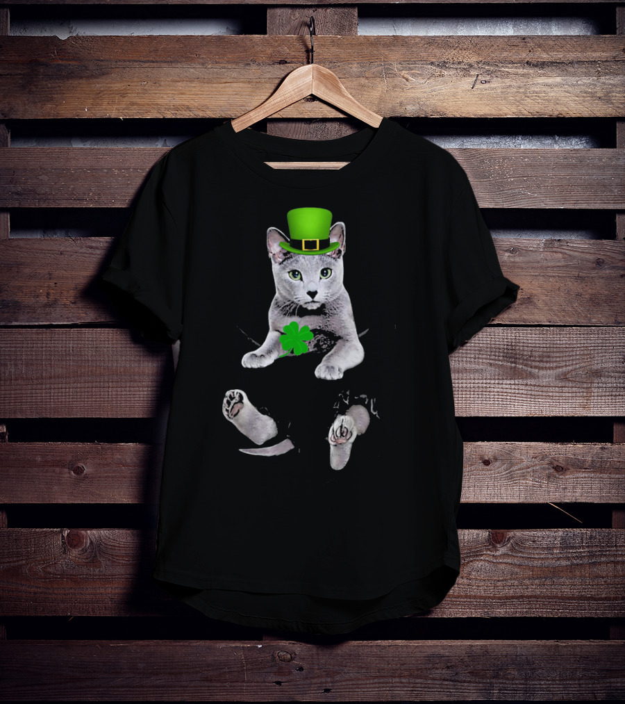 St Patricks Day Russian Blue Cat With Shamrock And Green Hat T-Shirt