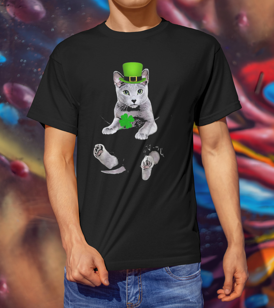 St Patricks Day Russian Blue Cat With Shamrock And Green Hat T-Shirt