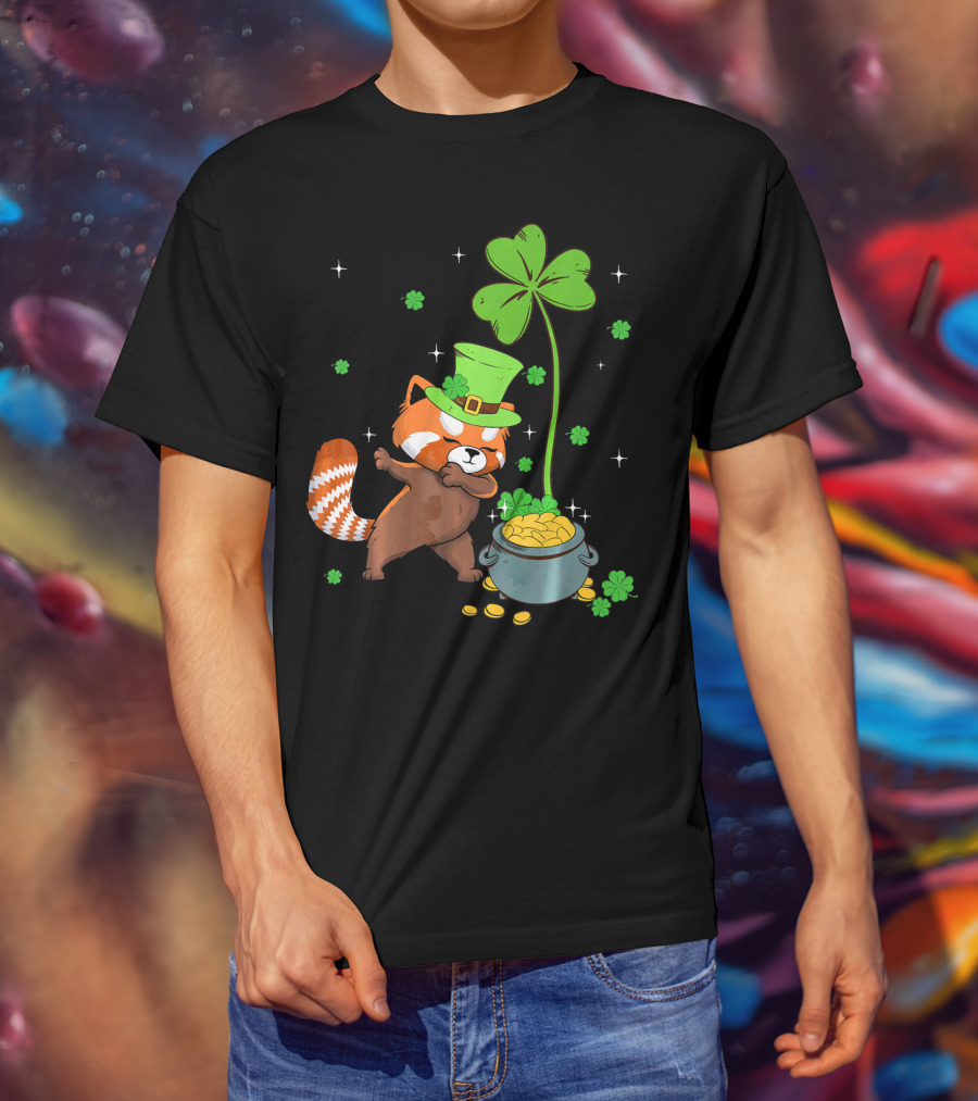 Shamrock Leprechaun Red Panda Pot Of Gold St Patrick's Day T-Shirt