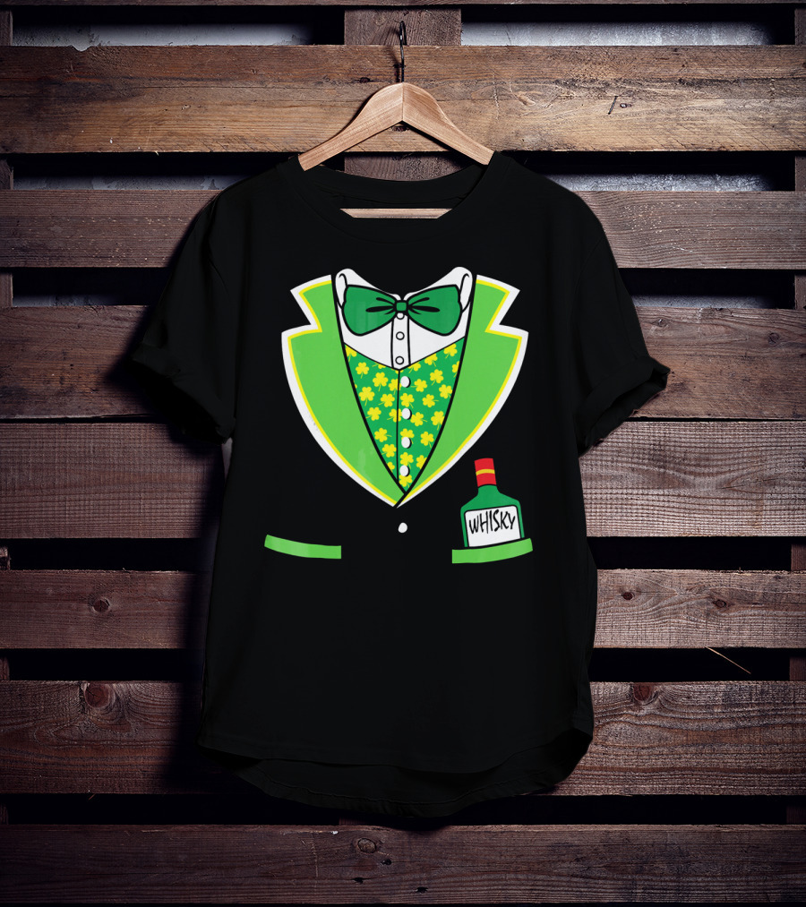 St Patricks Day Tuxedo Costume With Shamrock Vest And Whisky Flask T-Shirt