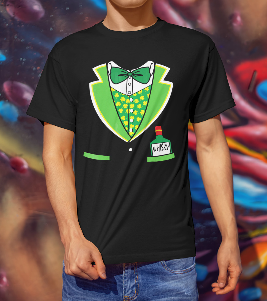St Patricks Day Tuxedo Costume With Shamrock Vest And Whisky Flask T-Shirt