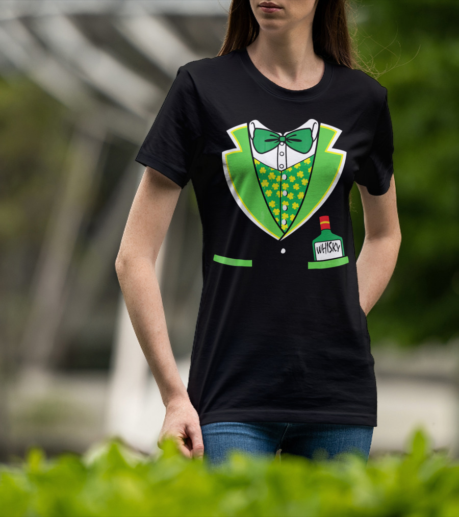 St Patricks Day Tuxedo Costume With Shamrock Vest And Whisky Flask T-Shirt