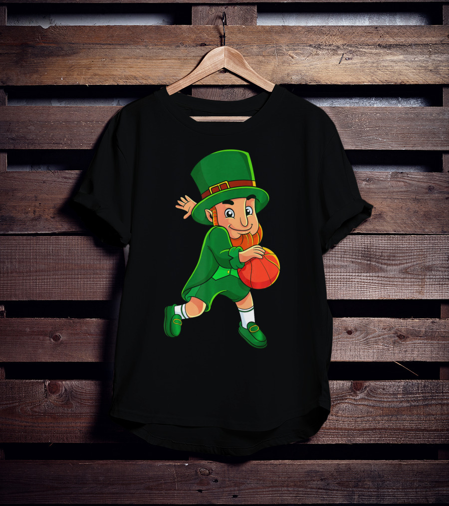 Leprechaun Basketball St Patricks Day Character In Green Outfit With Orange Ball T-Shirt
