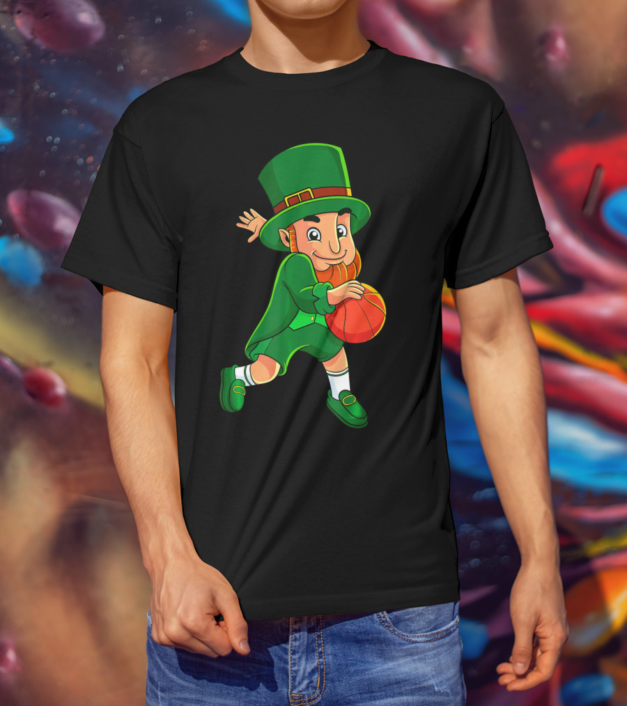 Leprechaun Basketball St Patricks Day Character In Green Outfit With Orange Ball T-Shirt