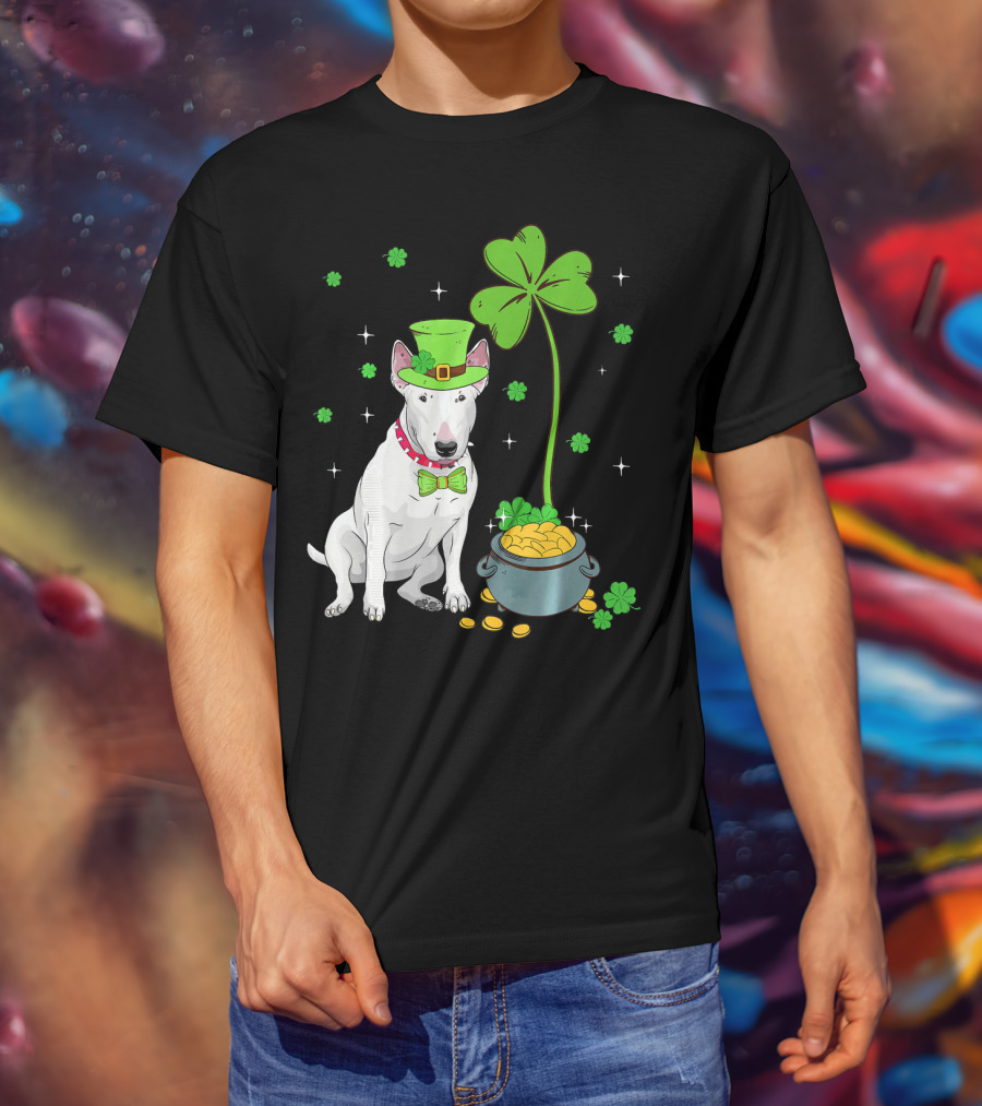 Shamrock Leprechaun Bull Terrier Pot Of Gold And Clover T-Shirt