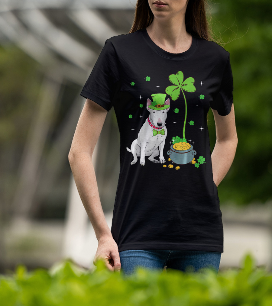 Shamrock Leprechaun Bull Terrier Pot Of Gold And Clover T-Shirt