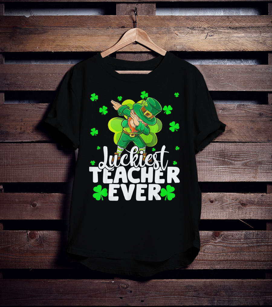 Luckiest Teacher Ever Leprechaun Dabbing With Shamrocks T-Shirt