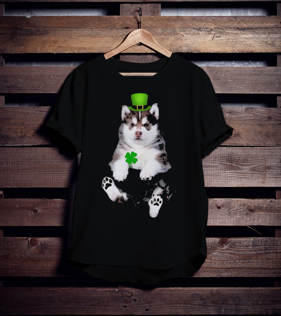 St Patricks Day Husky Puppy Shamrock Hat Paw Prints T-Shirt