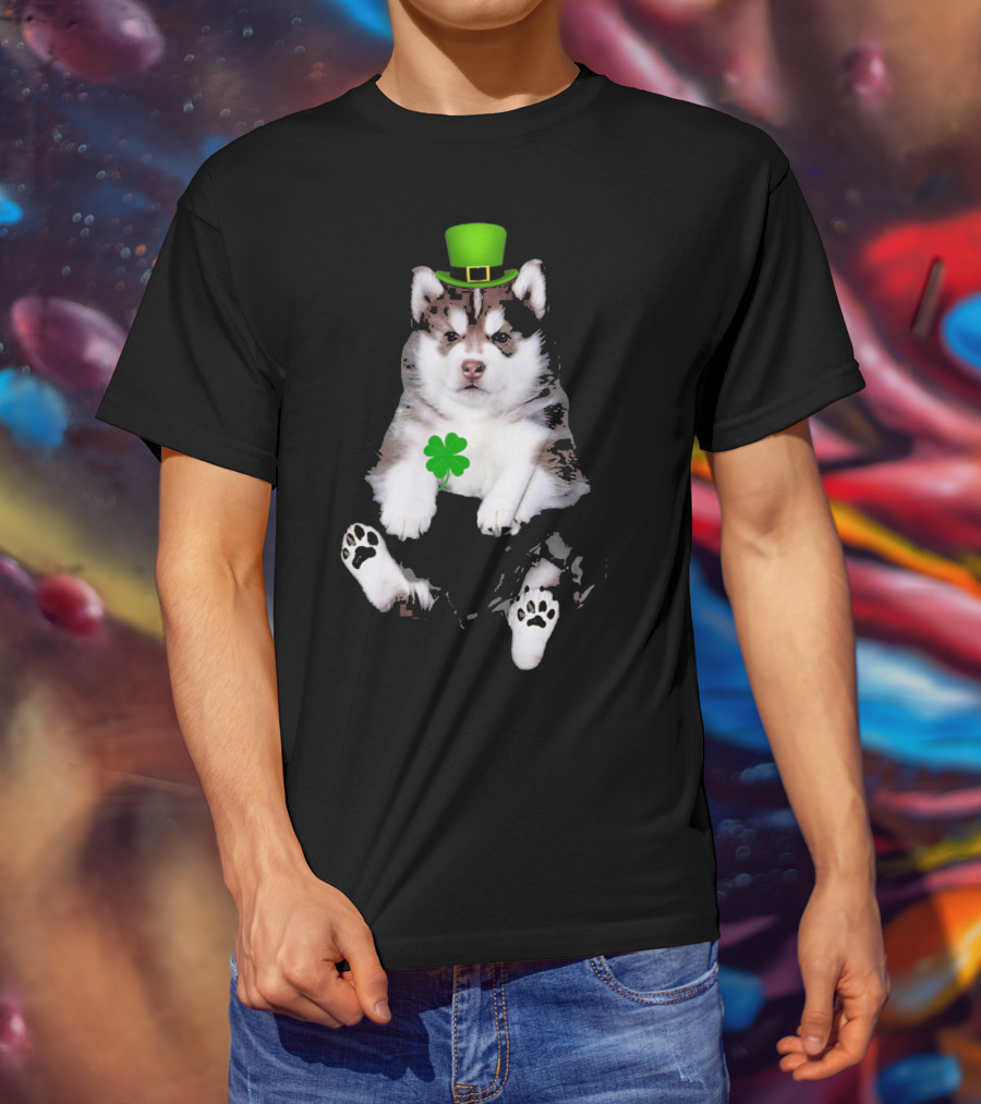 St Patricks Day Husky Puppy Shamrock Hat Paw Prints T-Shirt
