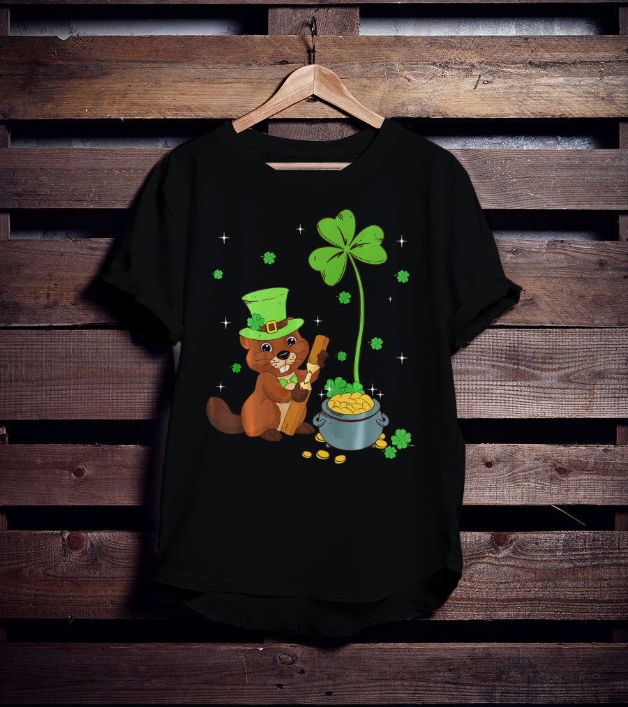 Shamrock-Leprechaun Beaver With Pot Of Gold And Clover For St Patricks T-Shirt